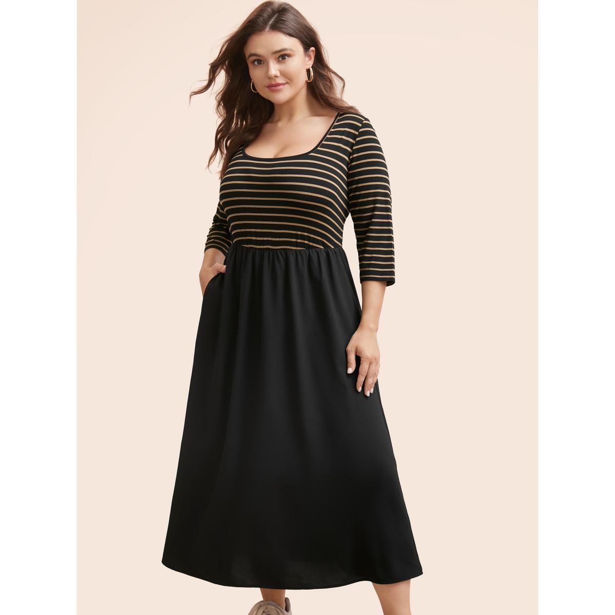 Plus Size Square Neck Striped Patchwork Midi Dress Black Women Casual Patchwork Round Neck Elbow-length sleeve Curvy BloomChic 12/L Product Image