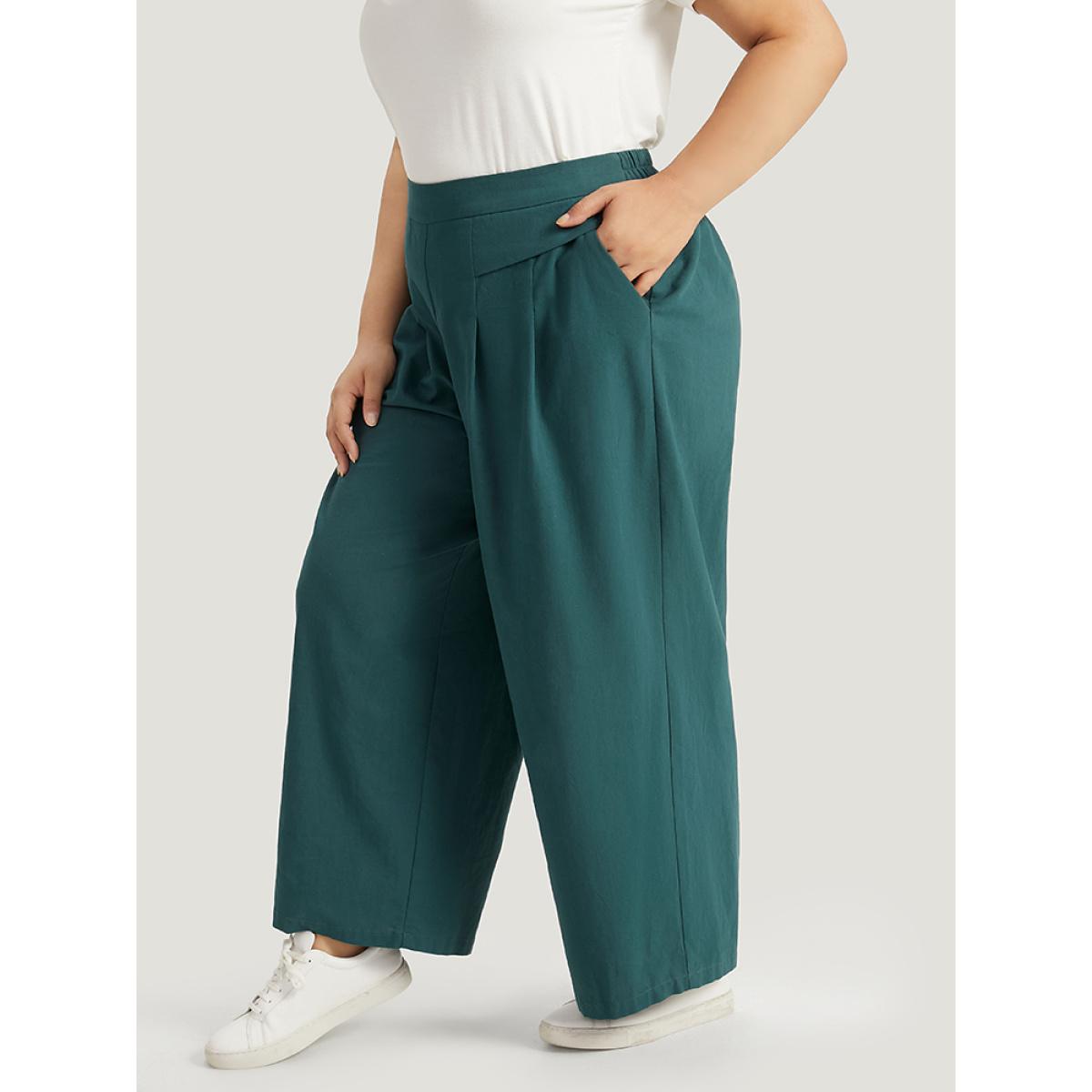 Plus Size Plain Pocket Elastic Waist Plicated Detail Pants Women Cyan Casual Straight Leg High Rise Everyday Pants BloomChic 18-20/2X Product Image