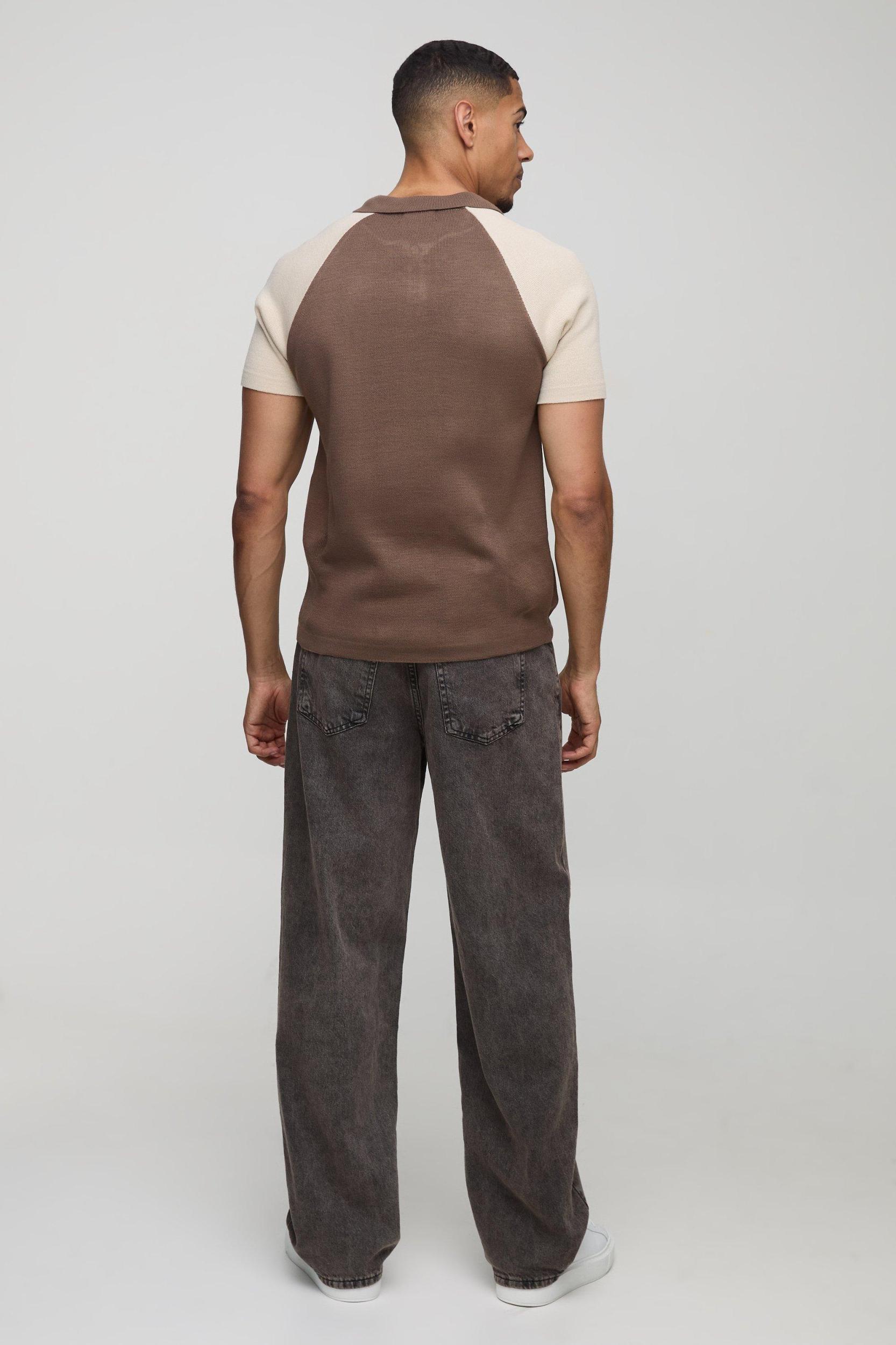 Short Sleeve Muscle Fit Raglan Colour Block Knit Polo | boohooMAN USA Product Image