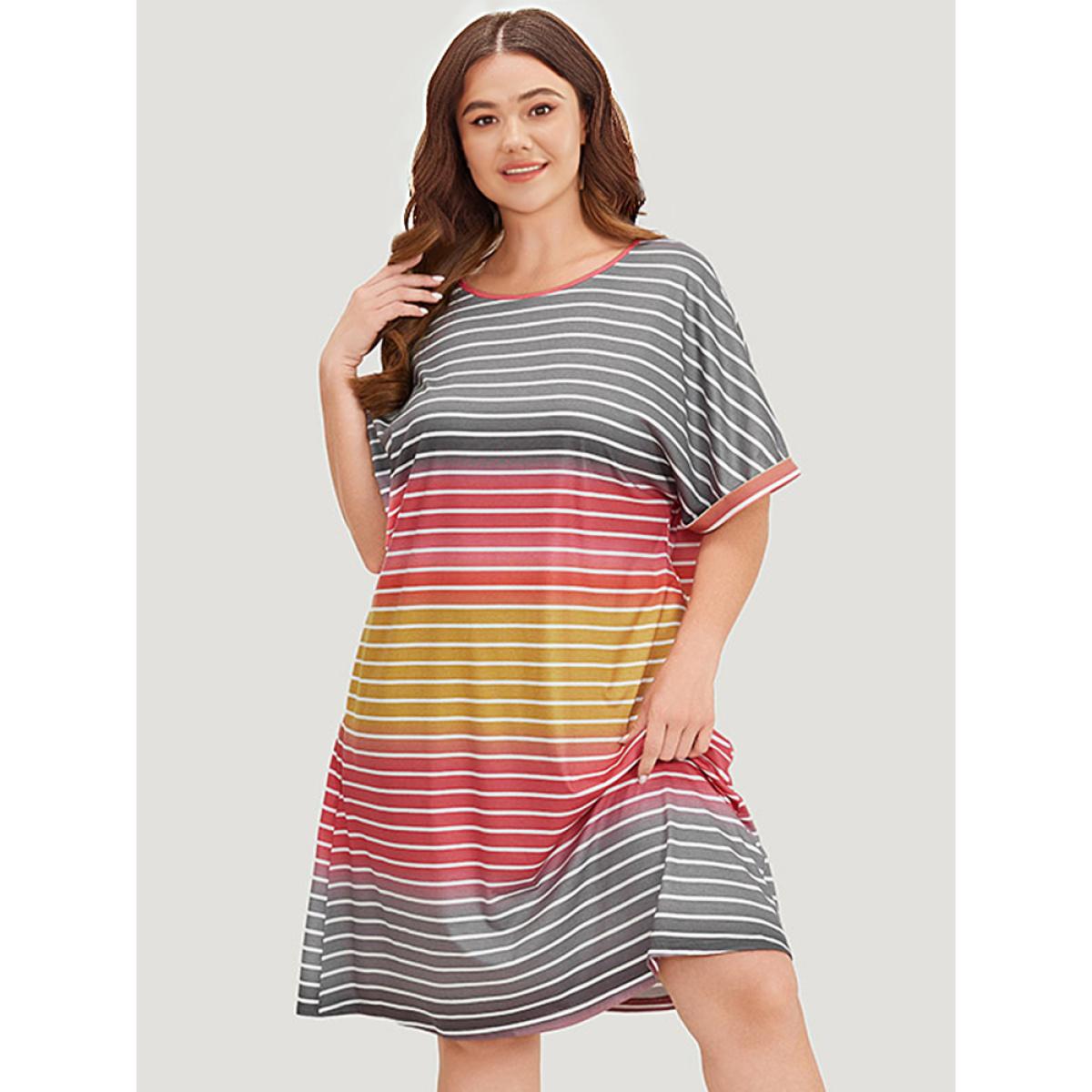 Plus Size Striped Contrast Roll Pocket Dolman Sleeve Dress Multicolor Women Casual Plain Round Neck Short sleeve Curvy Knee Dress BloomChic 14-16/1X Product Image