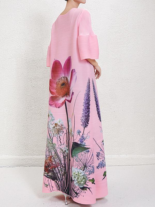 A-Line Flared Sleeves Flower Print Pleated V-Neck Maxi Dresses Product Image