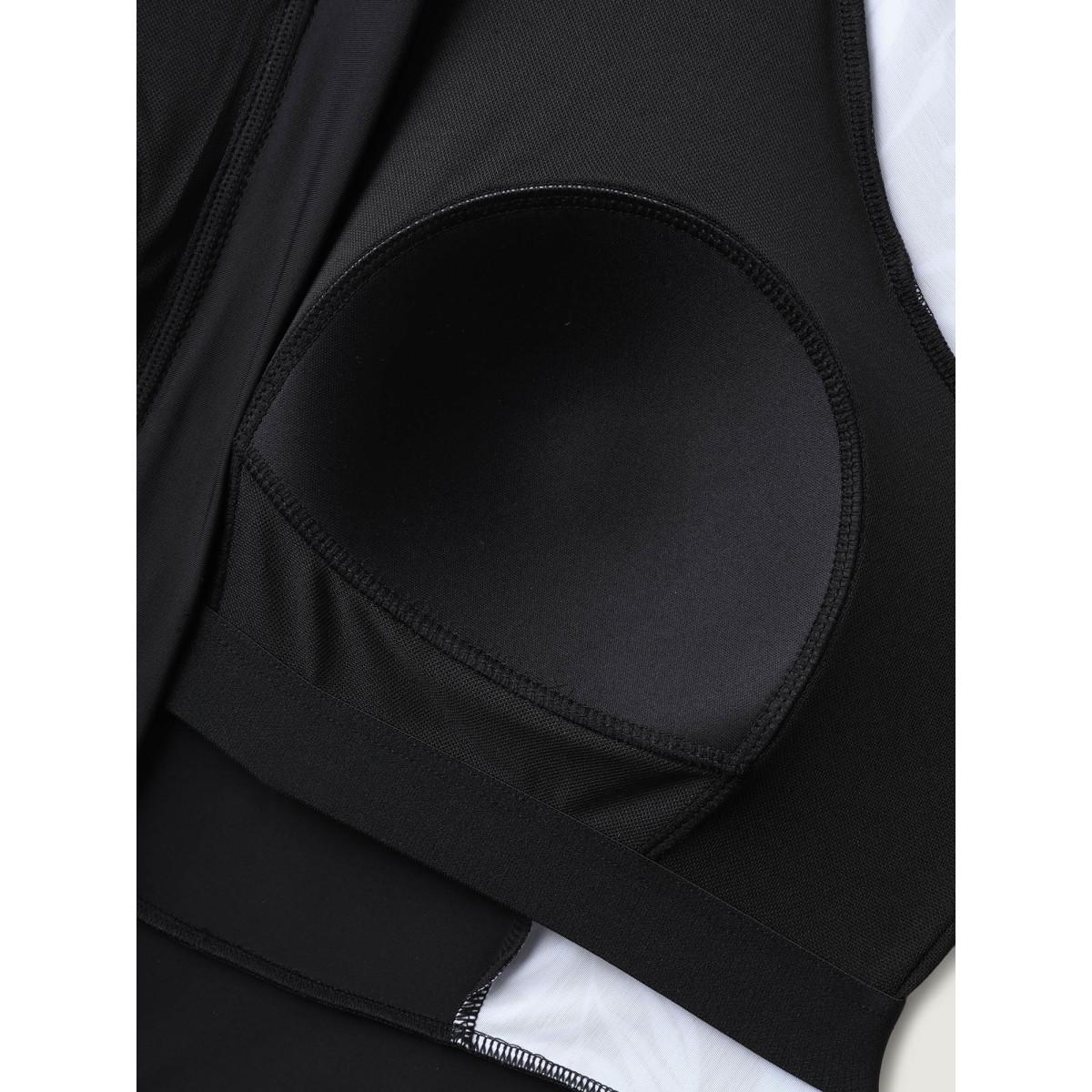 Plus Size Tropical Print Zipper Spliced Swim Dress Women's Swimwear Black Beach Bodycon Round Neck High stretch Curve Swim Dresses BloomChic 12/L Product Image