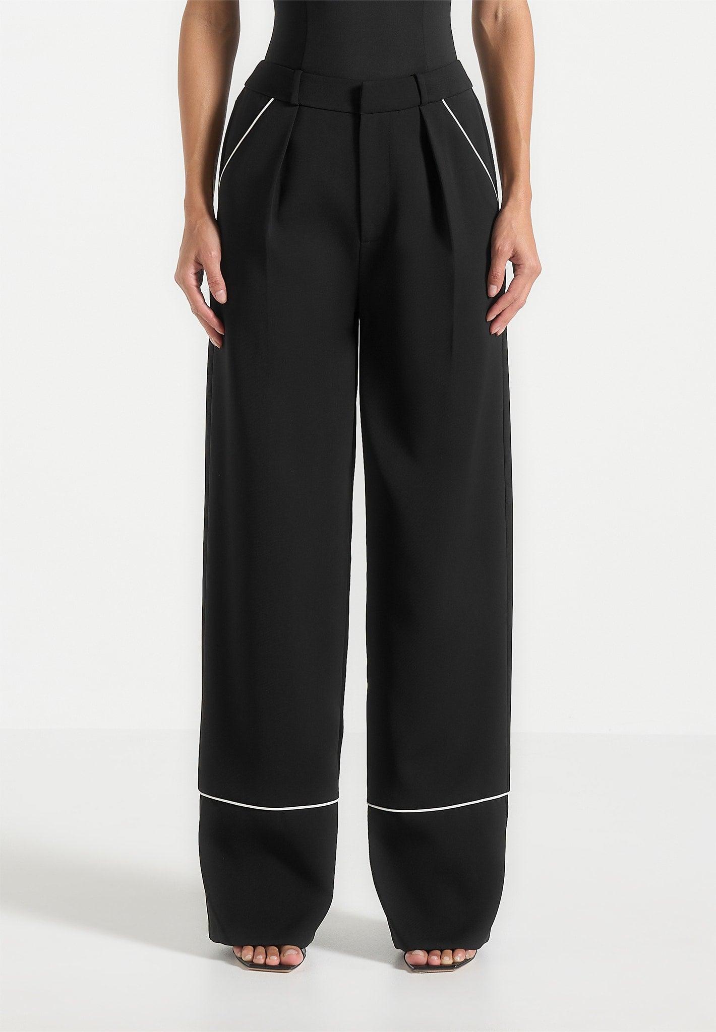 Mina - Contrast Piped Pleated Trousers - Black/White Female Product Image