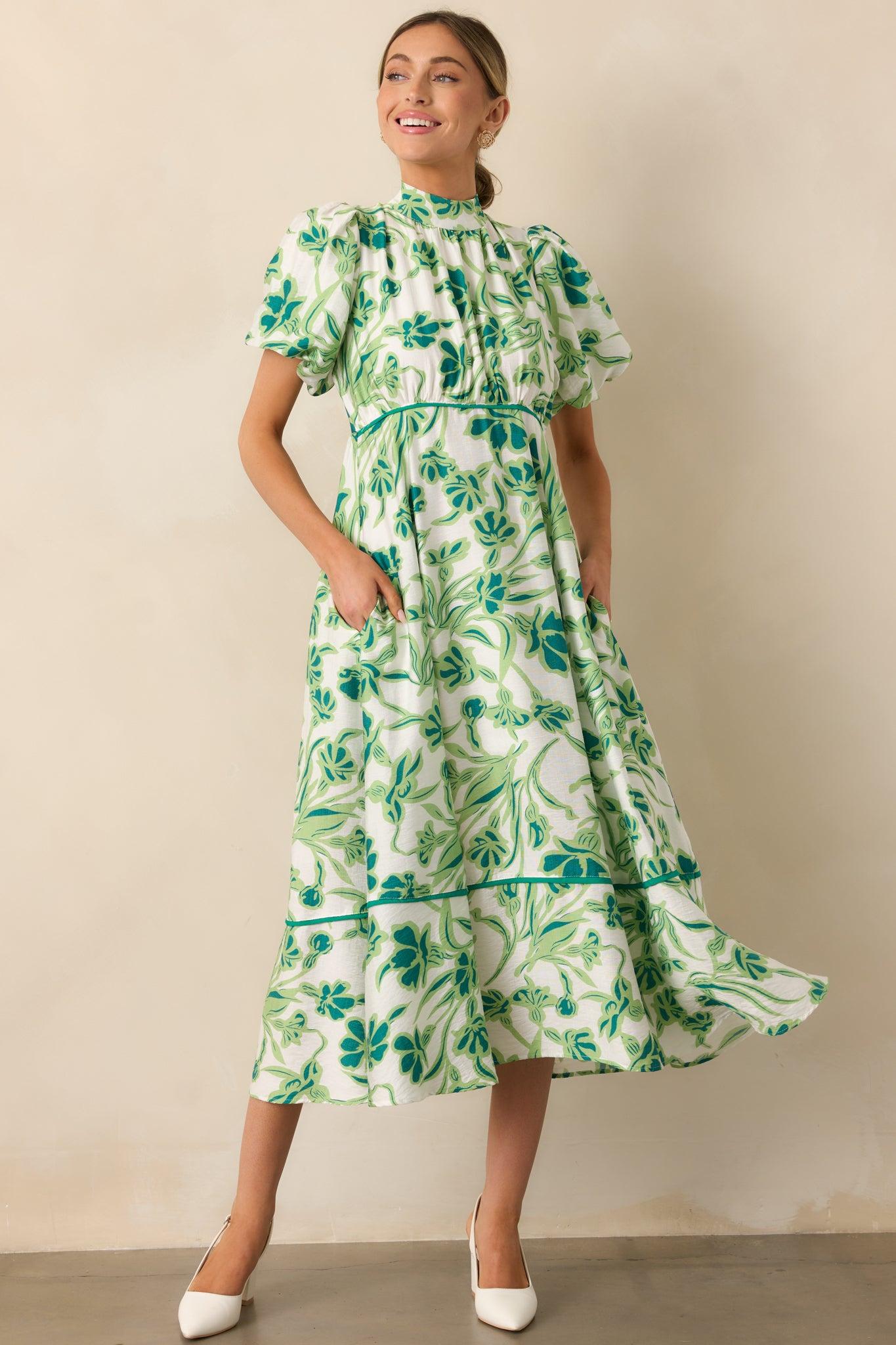Blooming Season Green Floral Puff Sleeve Midi Dress Product Image