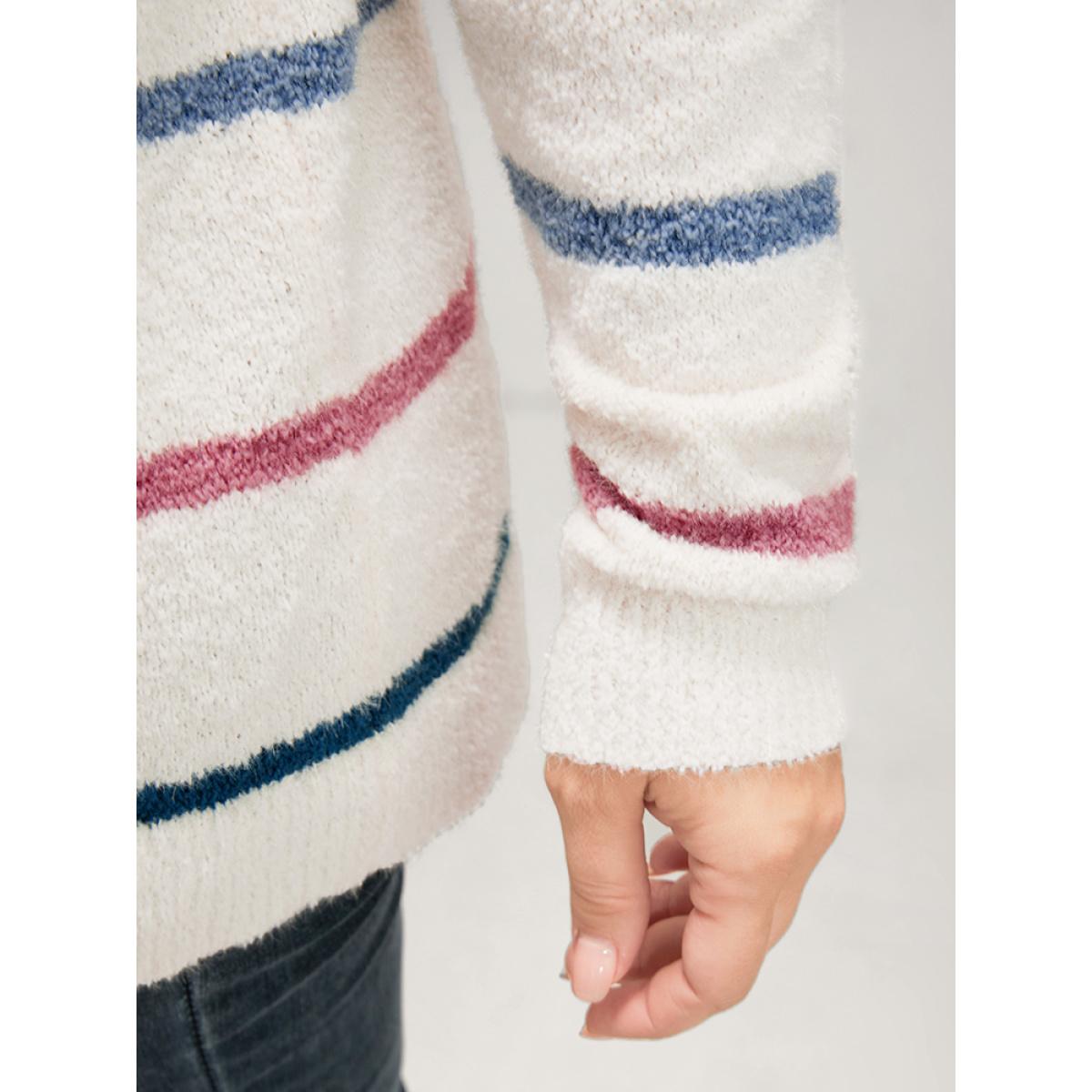 Plus Size Striped Contrast Super Soft Knit V Neck Fluffy Knit Top Ivory Women Elegant Loose Long Sleeve V-neck Dailywear Pullovers BloomChic 14-16/1X Product Image