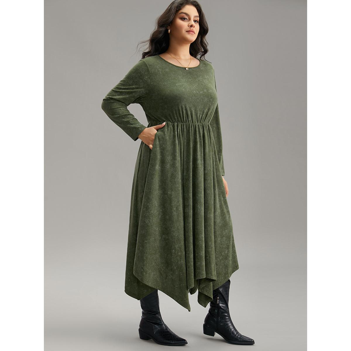 Plus Size Vintage Heather Elastic Waist Hanky Hem Dress ArmyGreen Women Casual Gathered Round Neck Long Sleeve Curvy Midi Dress BloomChic 28/5X Product Image