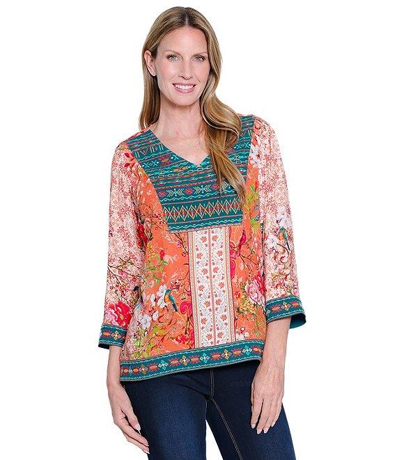 John Mark Embroidered Printed V-Neck 3/4 Sleeve Top Product Image