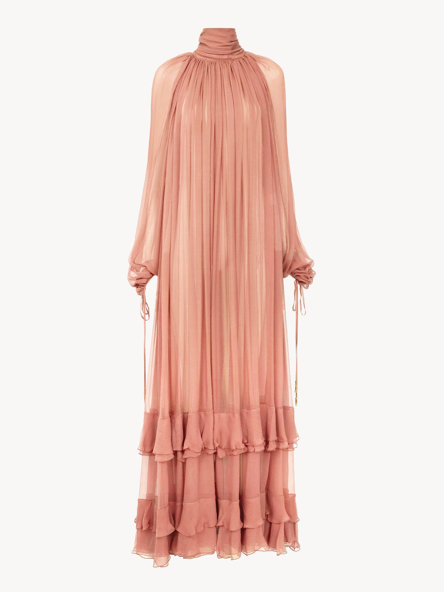 Gathered long dress in silk mousseline Product Image