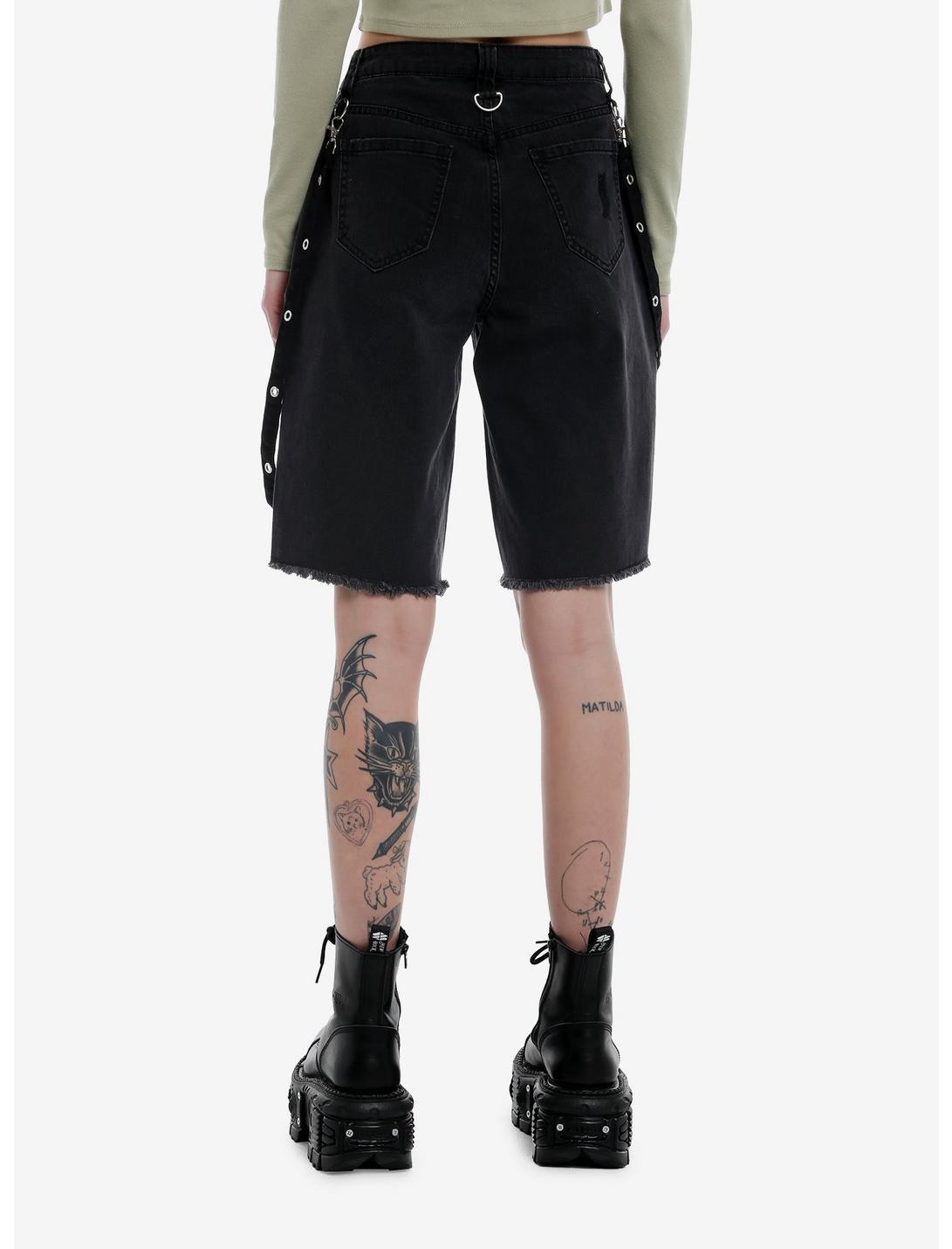 Black Washed Grommet Suspender Denim Long Shorts Product Image