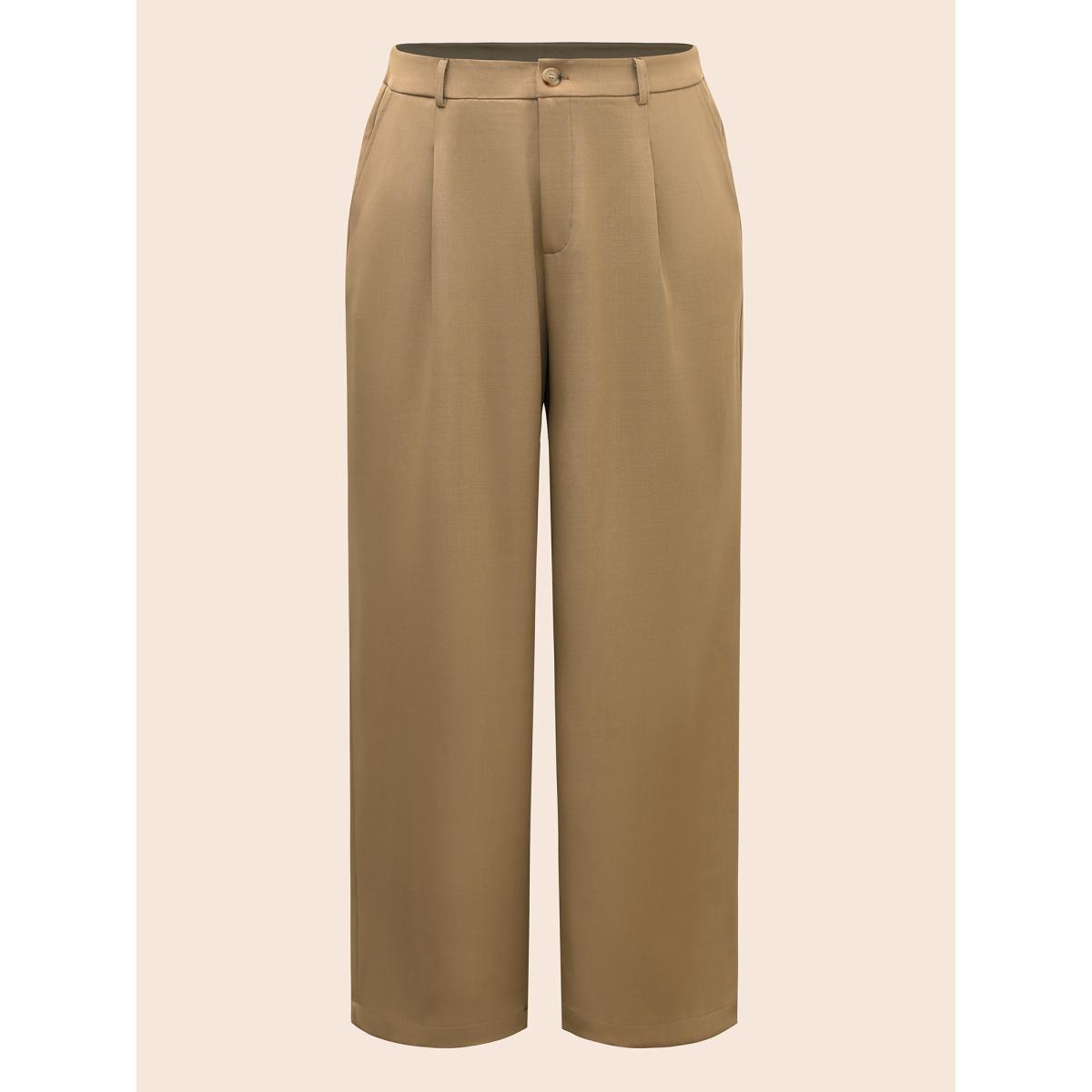 Plus Size Mid Rise Pleated Wide Leg Pants Women LightBrown At the Office Wide Leg Mid Rise Work Pants BloomChic 30/6X Product Image