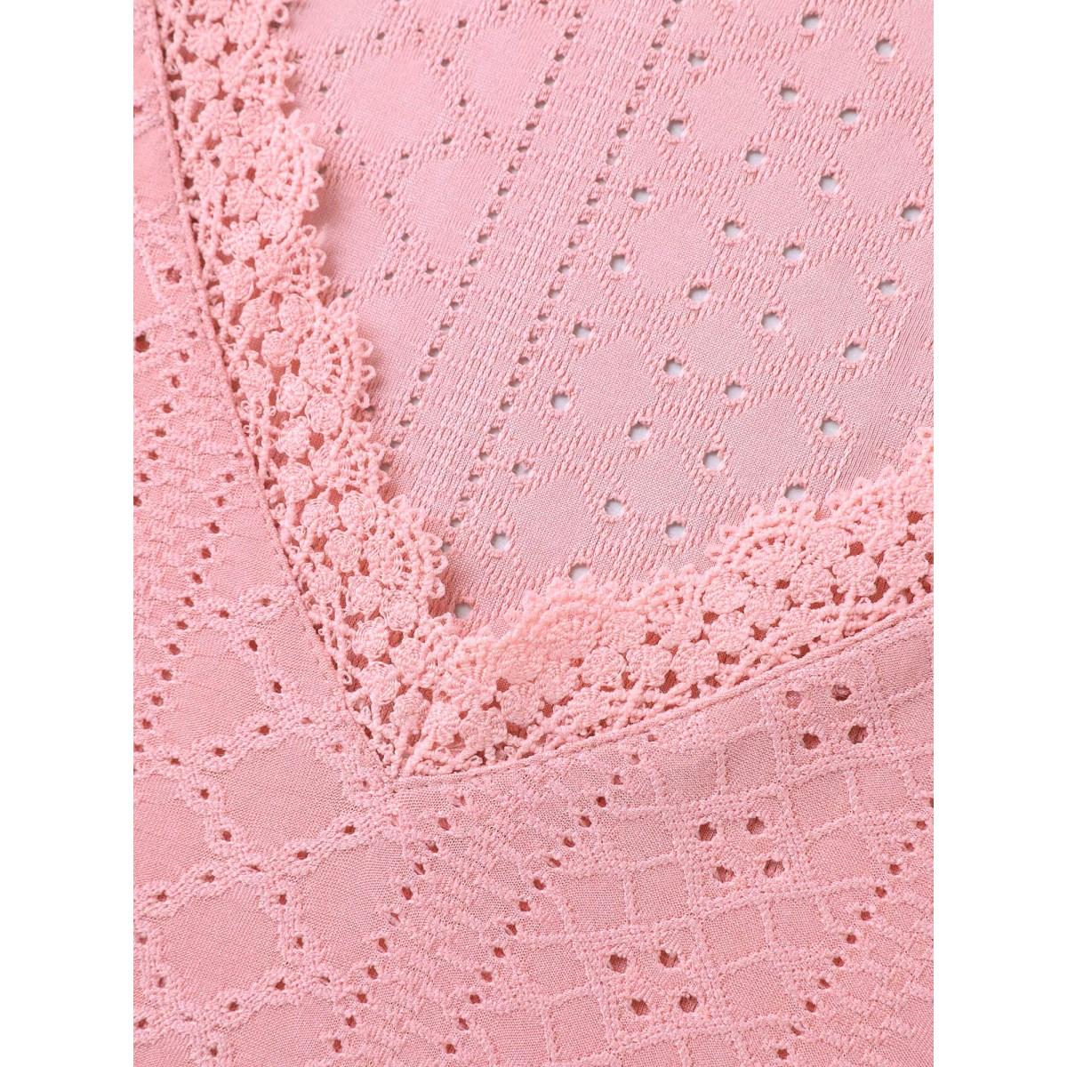 Plus Size Eyelet Textured Lace Detail T-Shirt Blush Women Casual Woven ribbon&lace trim V-neck Everyday T-shirts BloomChic 22-24/3X Product Image