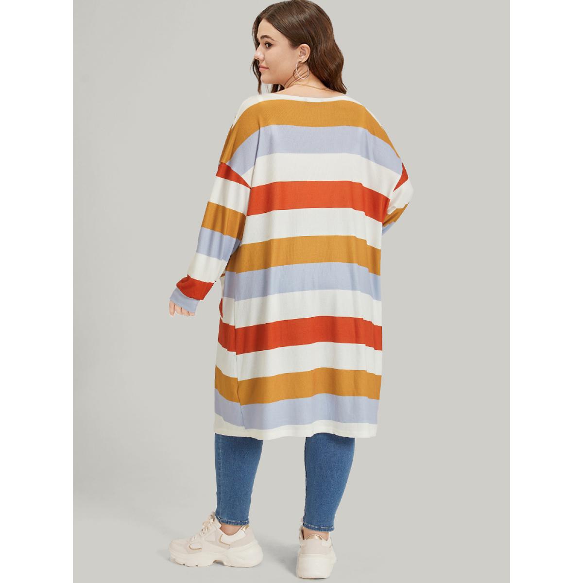 Plus Size Striped Contrast Patched Pocket Open Front Kimono Women Multicolor Casual Elastic cuffs Pocket Dailywear Kimonos BloomChic 12/L Product Image