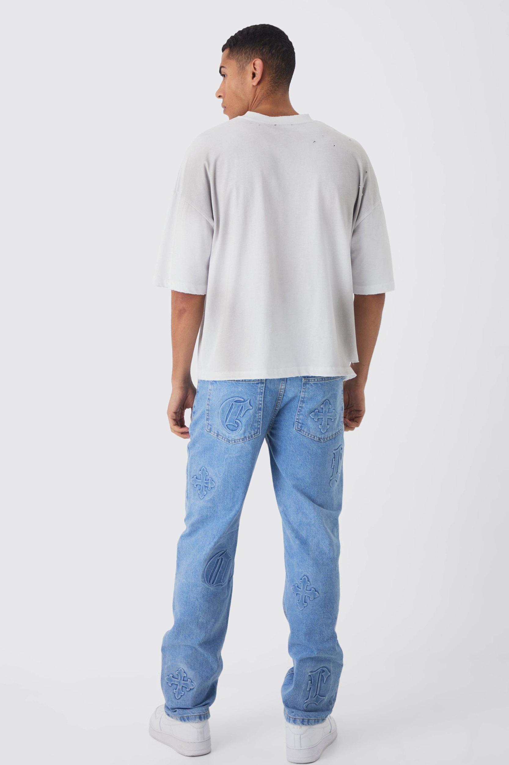 Straight Leg Cross Embossed Jeans | boohooMAN USA Product Image