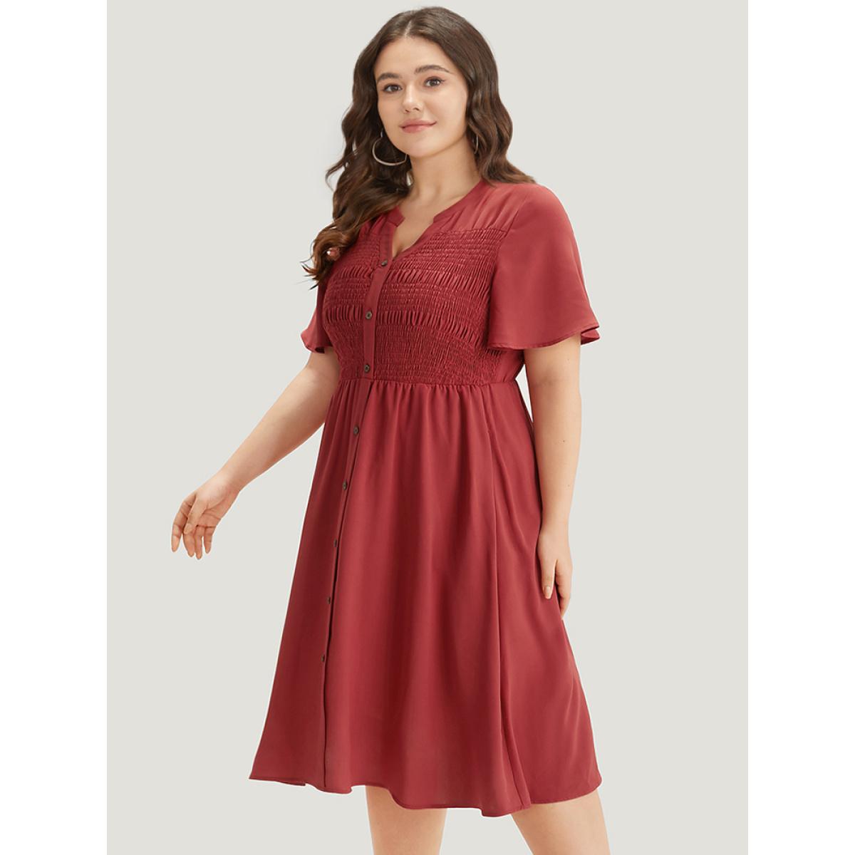 Plus Size Plain Notched Shirred Button Through Ruffle Sleeve Dress Rust Women Elegant Plain Notched collar Short sleeve Curvy Midi Dress BloomChic 10/M Product Image