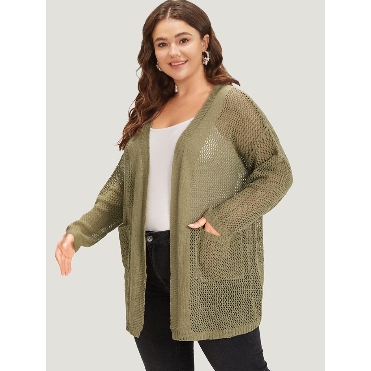 Plus Size Solid Patched Pocket Open Front Patchwork Cardigan Olive Women Casual Loose Long Sleeve Everyday Cardigans BloomChic 10/M Product Image