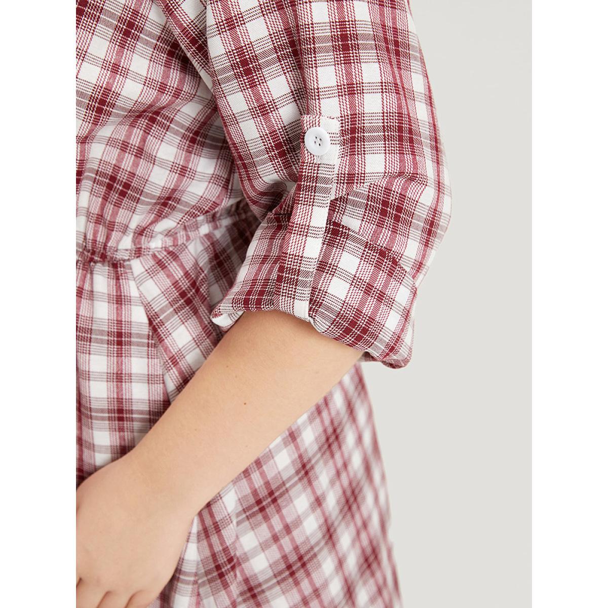 Plus Size Plaid Drawstring Zipper Notched Tab Sleeve Dress Raspberry Women Elegant Zipper Notched collar Long Sleeve Curvy Knee Dress BloomChic 12/L Product Image