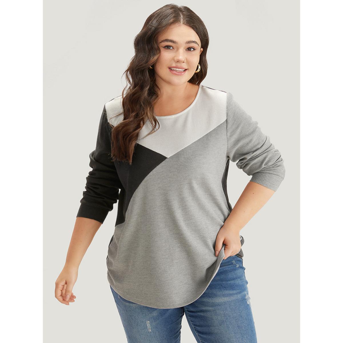 Plus Size Colorblock Contrast Crew Neck Long Sleeve T-shirt Multicolor Women Casual Elastic cuffs Plain Round Neck Dailywear T-shirts BloomChic 12/L Product Image