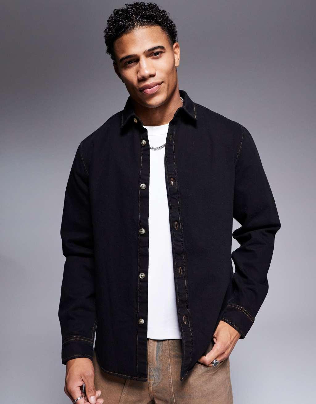 ASOS DESIGN denim overshirt in washed black  Product Image