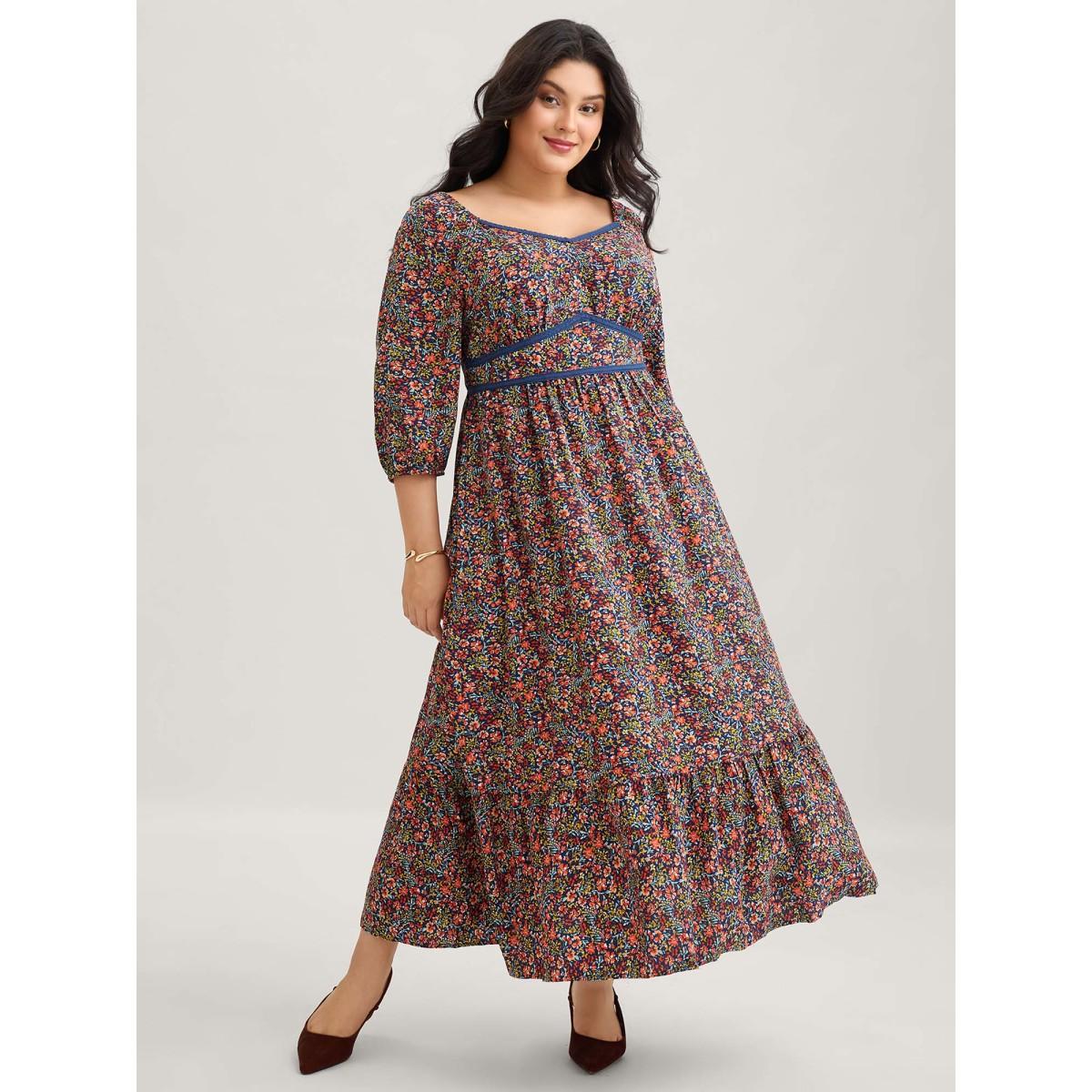 Plus Size Ditsy Floral Woven Ribbon Maxi Dress Navy Women Timeless Woven ribbon&lace trim Heart neckline Elbow-length sleeve Curvy BloomChic 18-20/2X Product Image