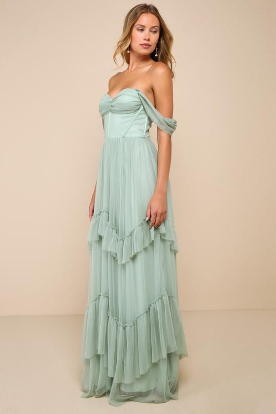 Stunning Personality Sage Green Mesh Off-the-Shoulder Maxi Dress Product Image