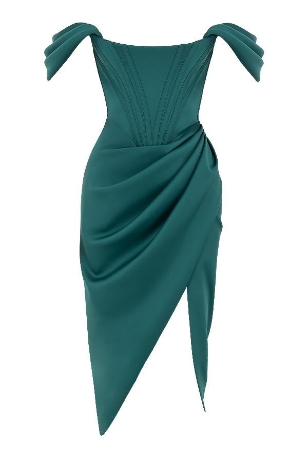 Loretta  emerald green satin off shoulder dress Product Image