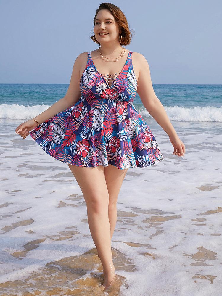 Tropical Print Wrap Ruffles Crisscross Swim Dress Female Product Image