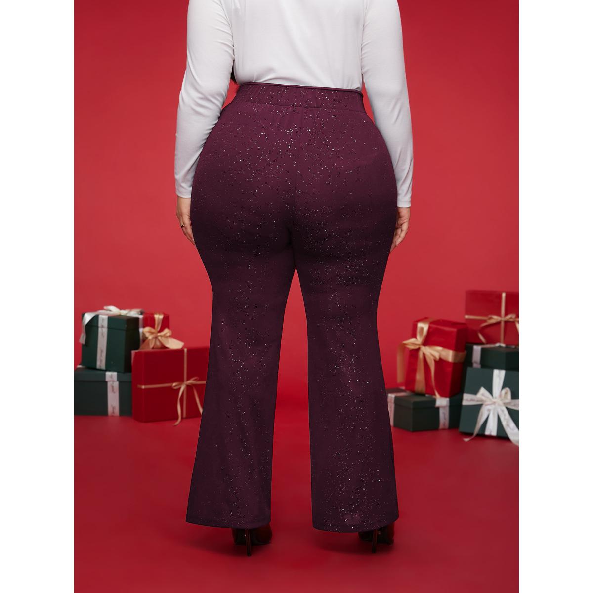 Plus Size Sparkle Details Mid Rise Flared Pants Women Burgundy Formal Bootcut Mid Rise Party Pants BloomChic 12/L Product Image
