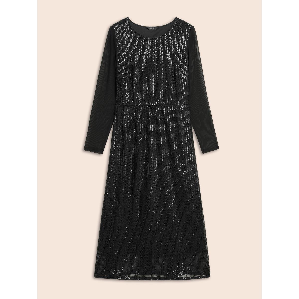 Plus Size Crew Neck Patchwork Sequin Mesh Dress Black Women Cocktail Texture Party Curvy Bloomchic 18-20/2X Product Image