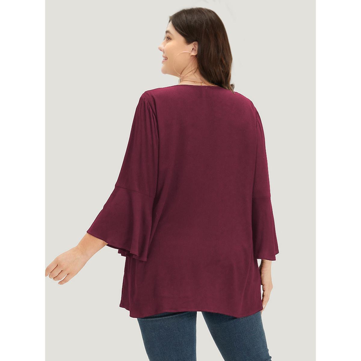 Plus Size Burgundy Plain Crochet Lace Button Detail Bell Sleeve Blouse Women Elegant Elbow-length sleeve V-neck Dailywear Blouses BloomChic 10/M Product Image