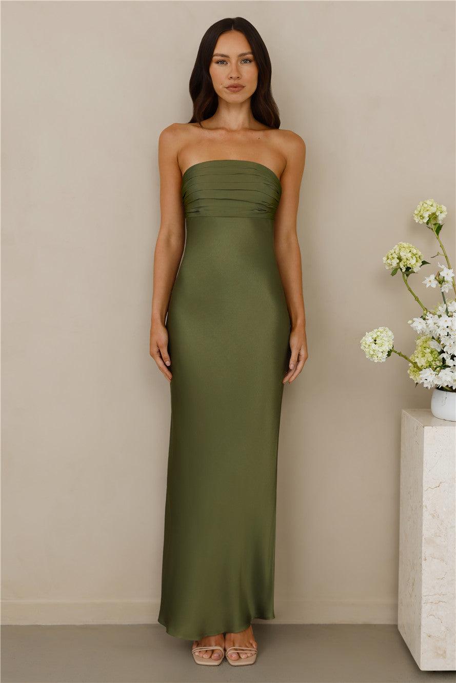 The Seraphina Strapless Satin Maxi Dress Olive Product Image