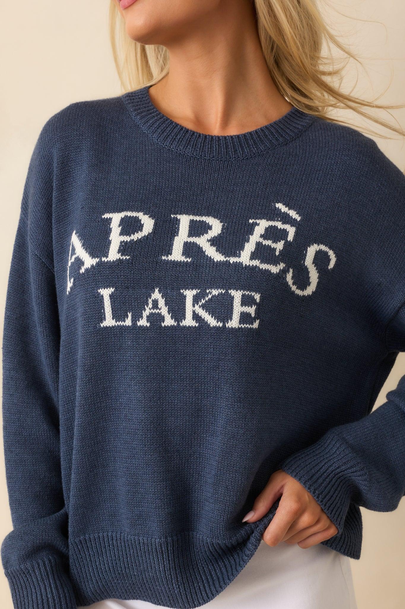My Lakeside Dreams Navy Knit Cotton Crewneck Sweater L / Navy Product Image