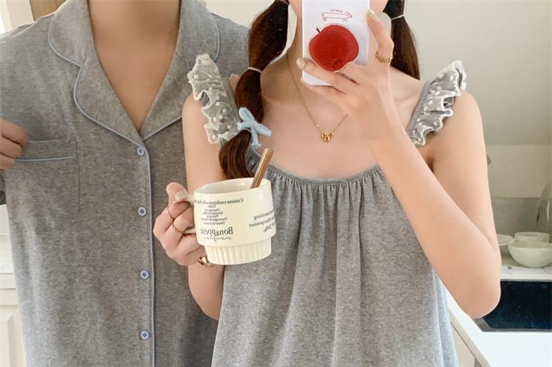 Couple Matching Short-Sleeve Lapel Collar Contrast Trim Button Pajama Top / Lace Trim Tank Top / Lounge Shorts / Set (Various Designs) Product Image
