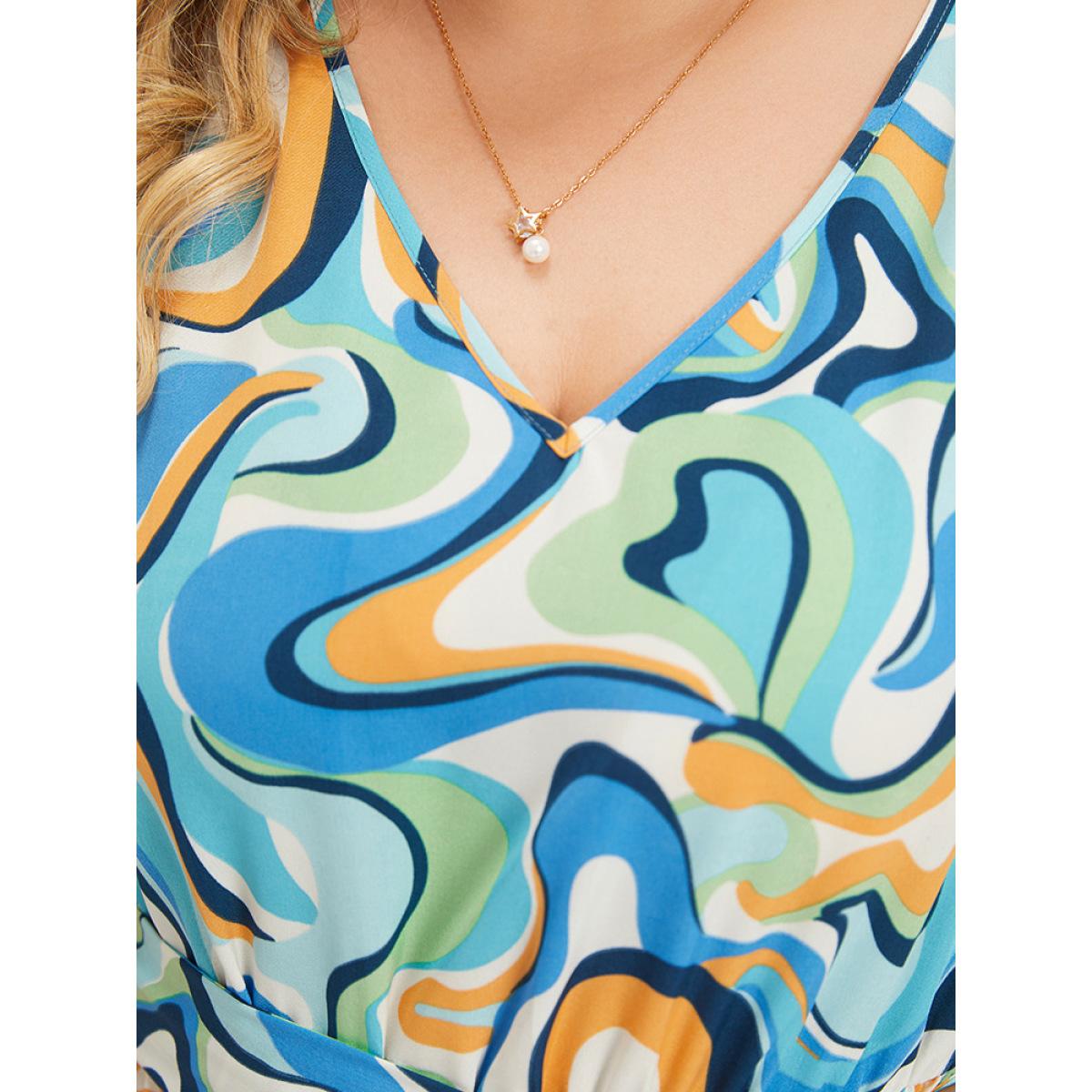 Plus Size Water Ripple Print V Neck Belted Plicated Detail Tank Dress Blue Women Elegant Belted V-neck Sleeveless Curvy Midi Dress BloomChic 18-20/2X Product Image