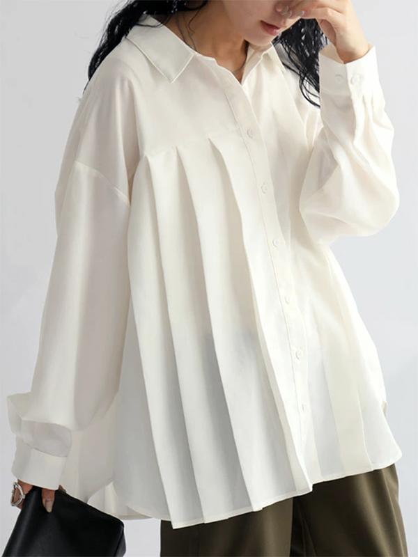 Long Sleeves Loose Buttoned Pleated Solid Color Lapel Blouses&Shirts Tops Product Image
