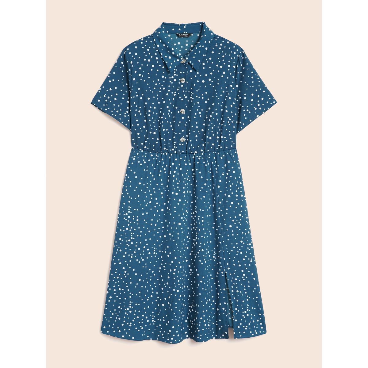 Plus Size Polka Dot Button Detail Split Hem Midi Dress Aegean Women Elegant Button Shirt collar Short sleeve Curvy BloomChic 22-24/3X Product Image