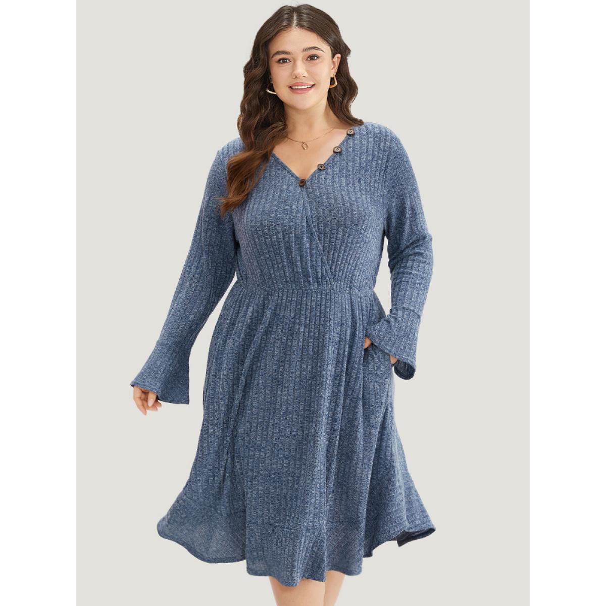 Plus Size Rib Knit Button Detail Pocket Bell Sleeve Dress Indigo Women Casual Texture V-neck Long Sleeve Curvy Midi Dress BloomChic 14-16/1X Product Image