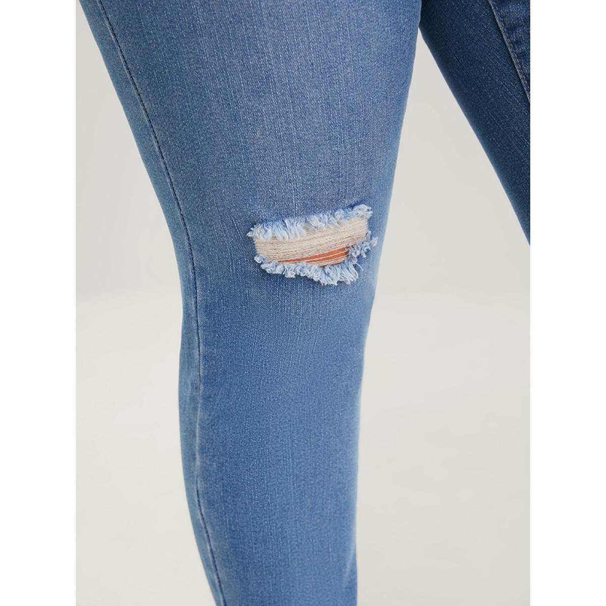 Plus Size Skinny Very Stretchy High Rise Medium Wash Distressed Ankle Jeans Women Blue Casual Plain Plain High stretch Pocket Jeans BloomChic 30/6X Product Image