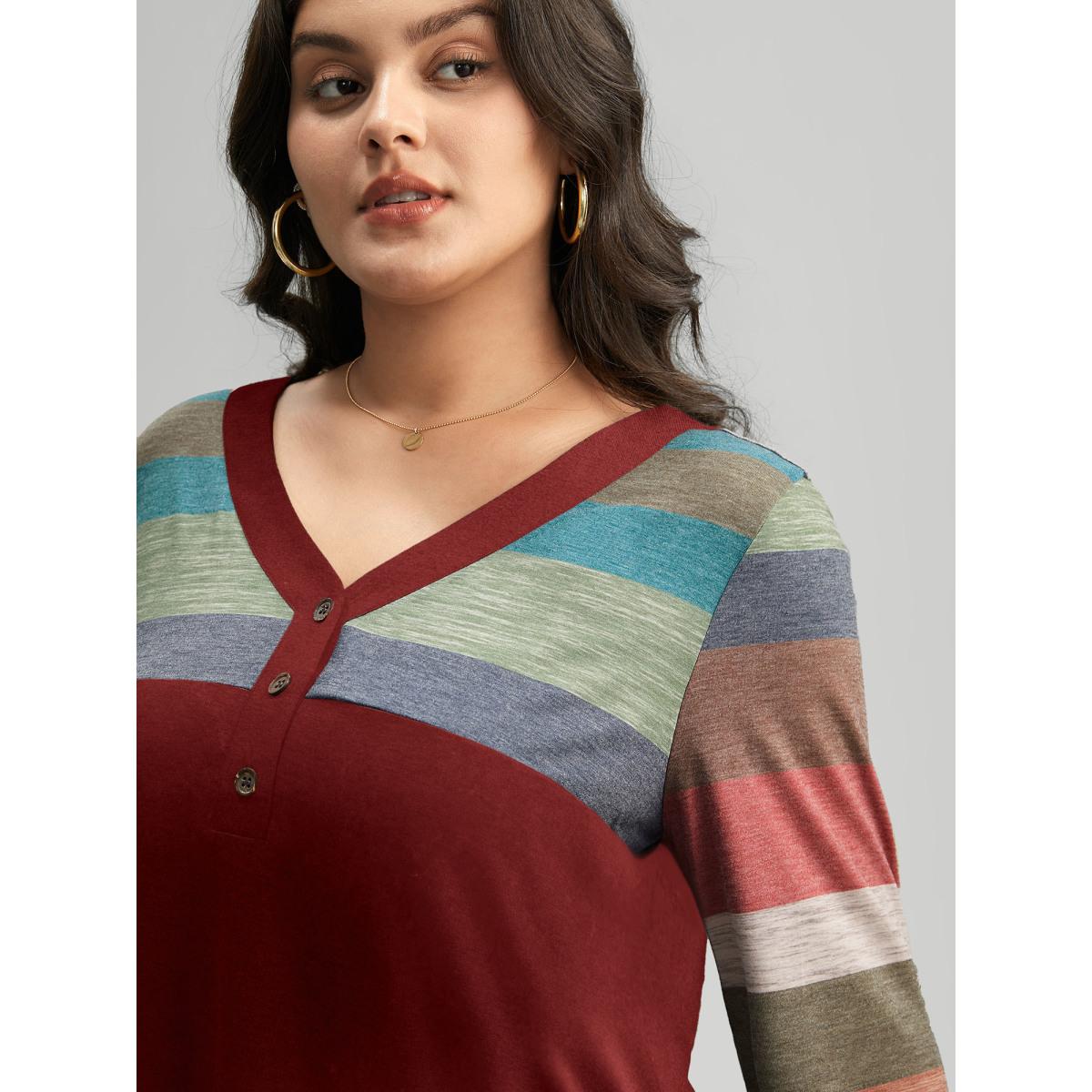 Plus Size Colorblock Contrast V Neck Button Up T-shirt Scarlet Women Casual Elastic cuffs Striped V-neck Everyday T-shirts BloomChic 10/M Product Image