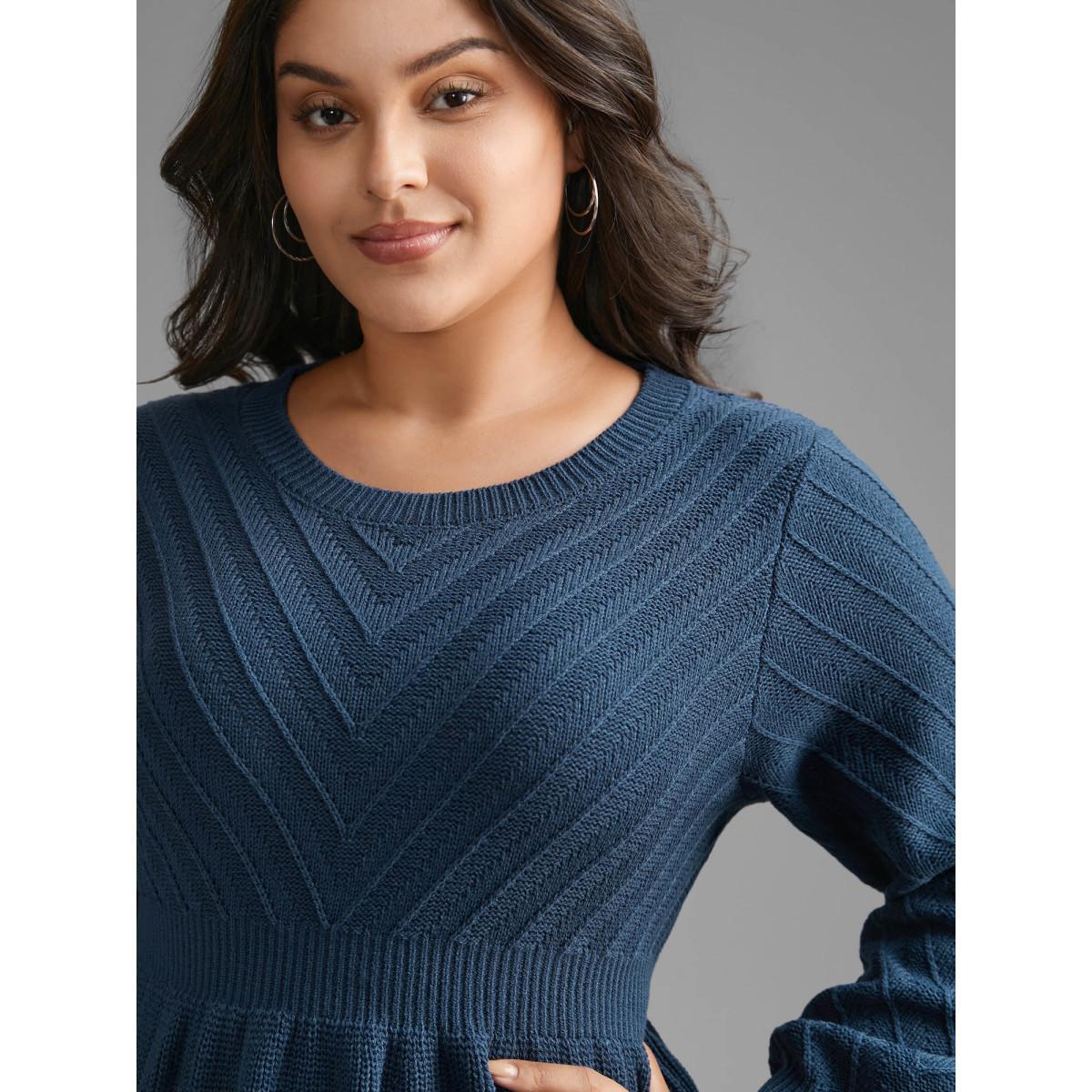Plus Size Crew Neck Plain Textured Lantern Sleeve Pullover Indigo Women Casual Bodycon Long Sleeve Round Neck Everyday Pullovers BloomChic 14-16/1X Product Image