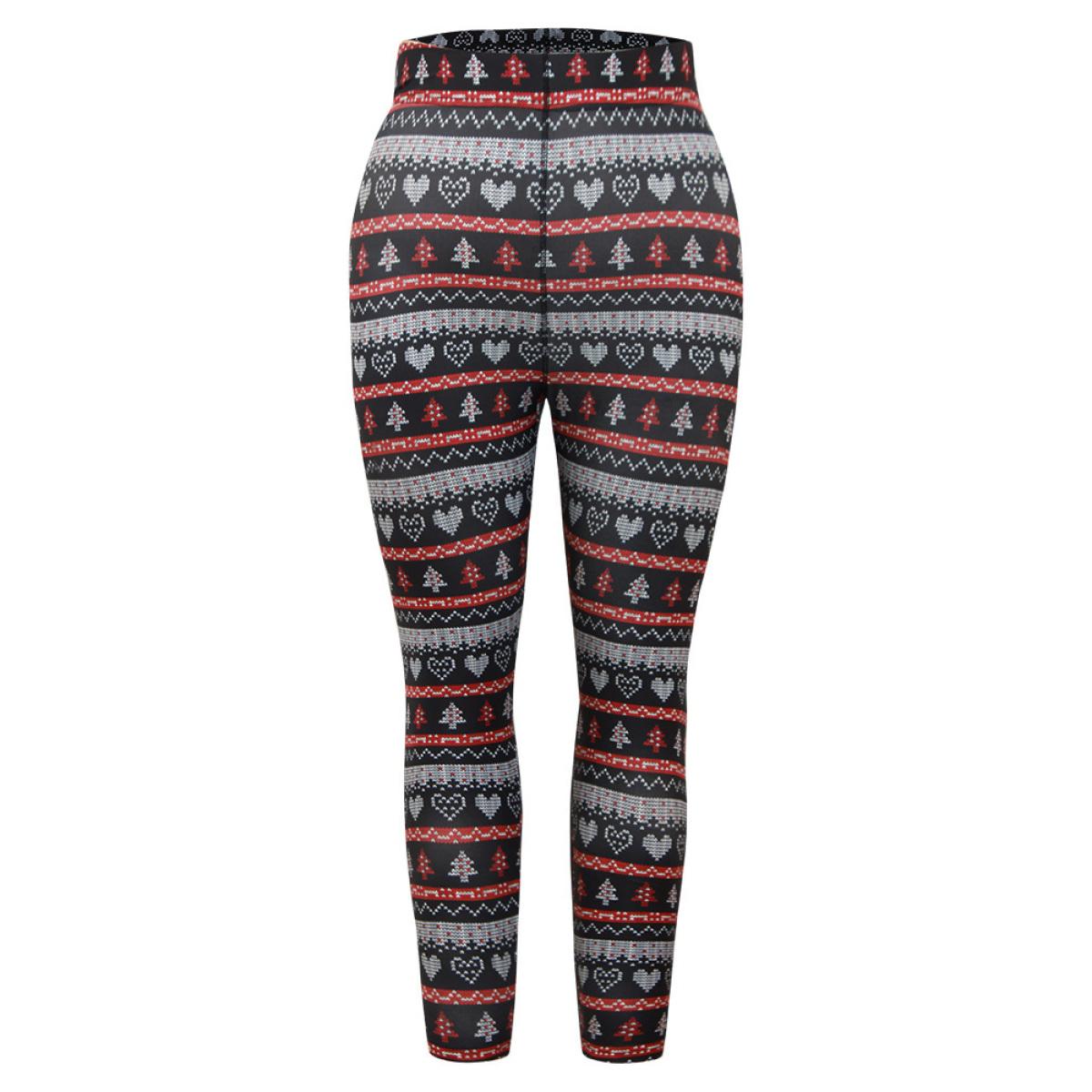 Plus Size Christmas Print Mid Rise Skinny Leggings Women BlackFlower Casual High stretch Skinny Mid Rise Festival-Christmas Leggings BloomChic 12/L Product Image