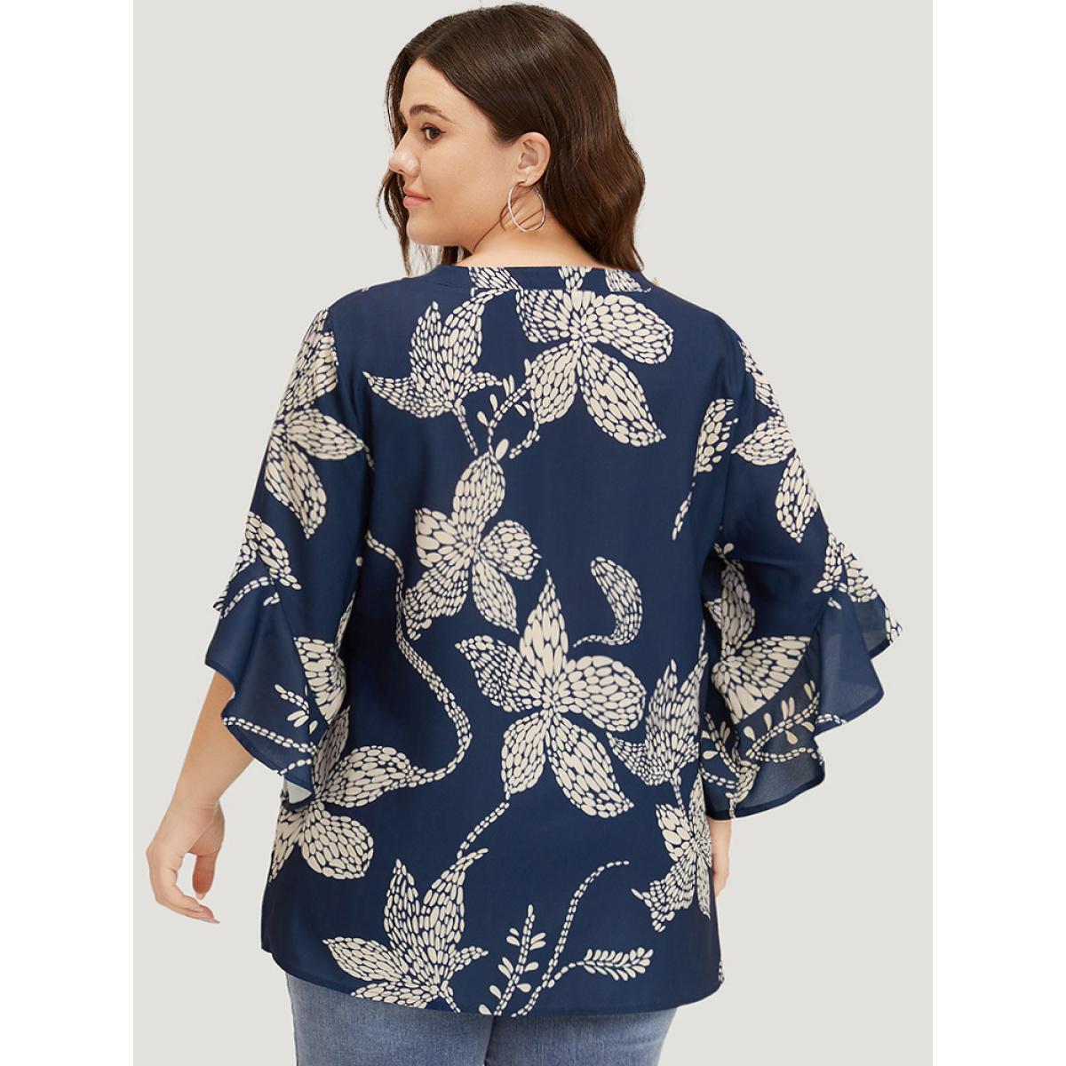 Plus Size Indigo Silhouette Floral Print Bell Sleeve Ruffle Trim Blouse Women Elegant Half Sleeve V-neck Dailywear Blouses BloomChic 22-24/3X Product Image