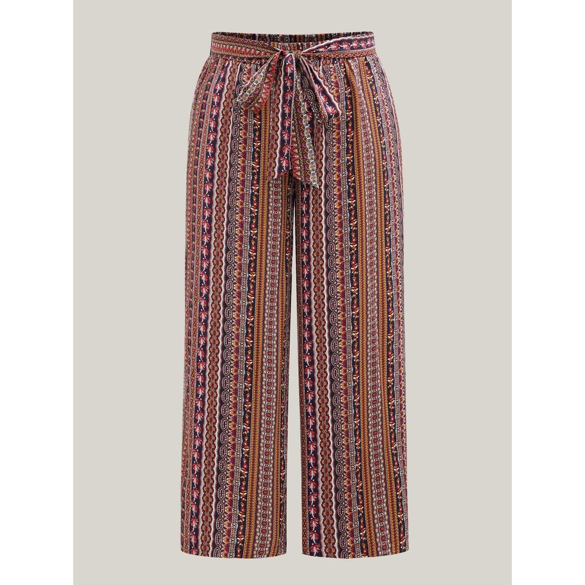Plus Size Boho Print Belted Flared Pants Women Multicolor Boho Wide Leg Mid Rise Vacation Pants BloomChic 18-20/2X Product Image