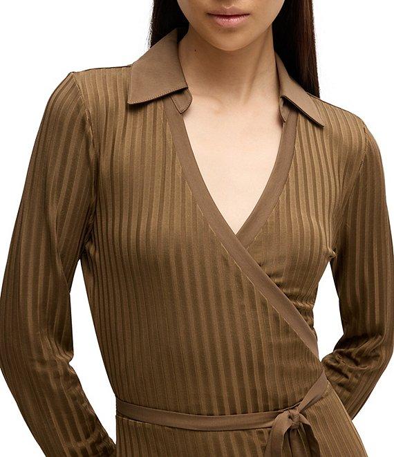 BOSS by Hugo Boss Ellarie Ribbed Knit Jersey Collared V-Neck Long Sleeve Faux-Wrap Dress Product Image