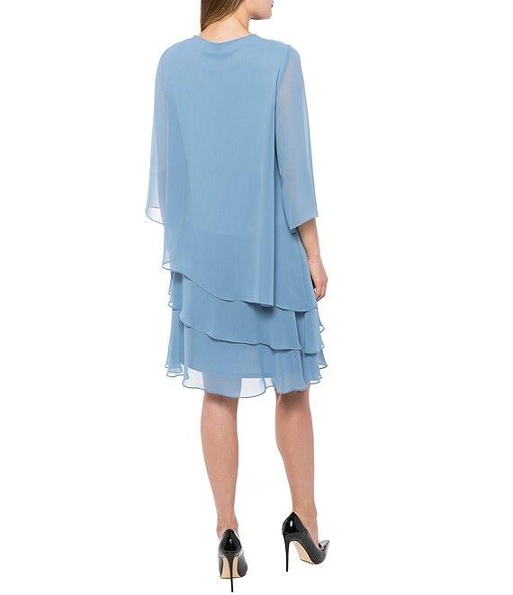 Marina Split 3/4 Sleeve Round Beaded Keyhole Neck Asymmetrical Tiered Chiffon Trapeze Dress Product Image