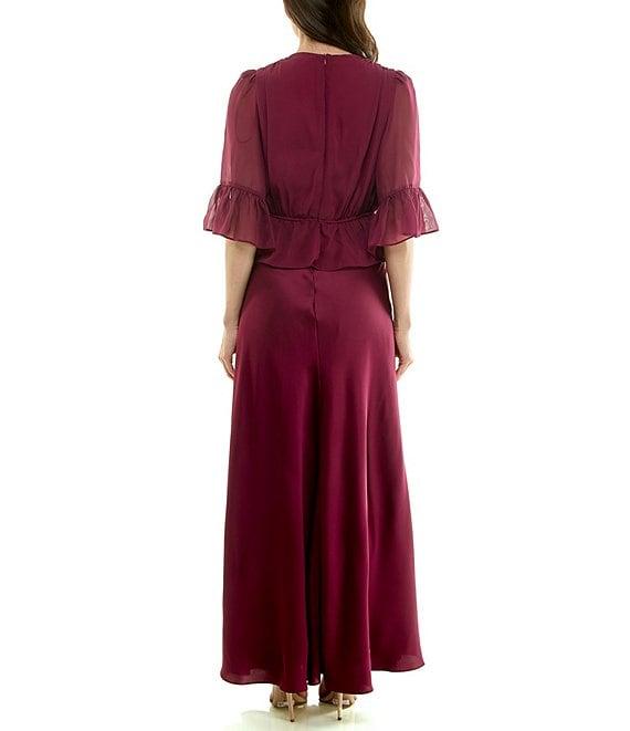 Moda Tara Crepe Satin & Georgette Chiffon Short Ruffle Sleeve A-Line Maxi Dress Product Image