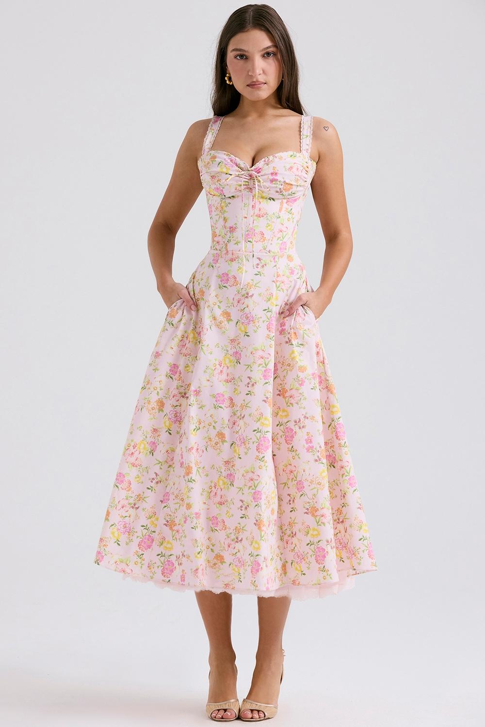 Rosalee  pink meadow print cotton bustier sundress Product Image