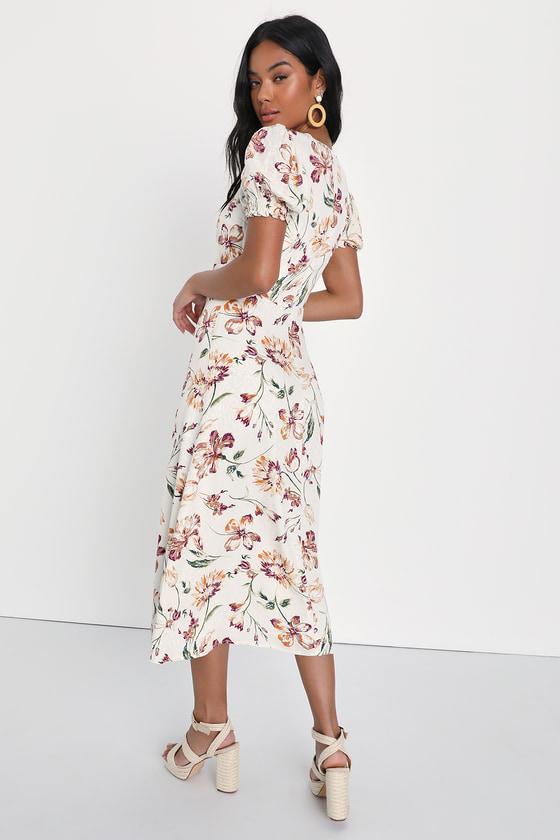 Parisian Picnic Cream Floral Jacquard Puff Sleeve Midi Dress Product Image