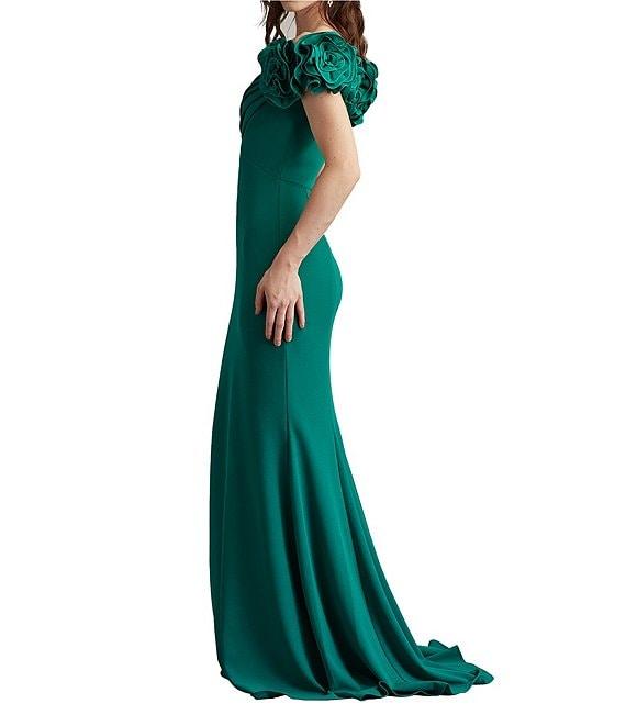 Tadashi Shoji Off the Shoulder 3D Rosette Pleated Bodice Crepe Aline Gown Product Image