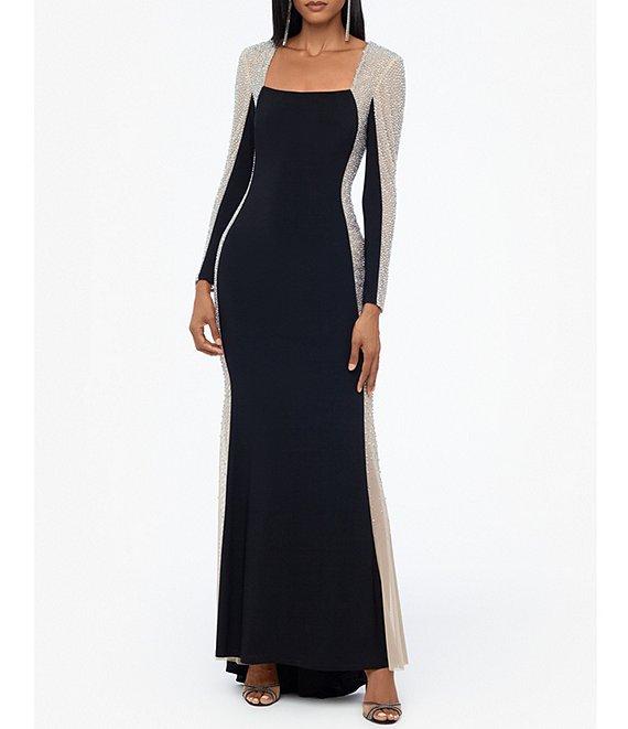 Xscape Caviar Beaded Mesh Panel Long Sleeve Contrast Matte Jersey Square Neck Sheath Gown Product Image