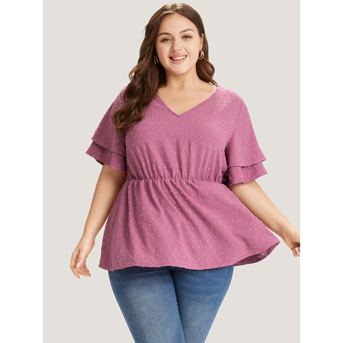 Plus Size Purple Polka Dot Elastic Waist Ruffle Sleeve Layered Blouse Women Elegant Short sleeve V-neck Dailywear Blouses BloomChic 10/M Product Image